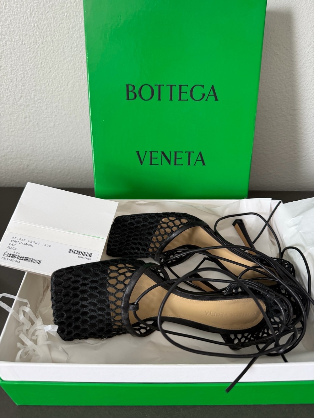 Bottega Veneta Black Mesh Lace-Up Square-Toe Flats 37.5/7.5